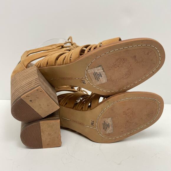 Vince Camuto | Kaiann Tan Suede Leather Lace Up Cut Out Block Heel Sandals - Picture 11 of 11